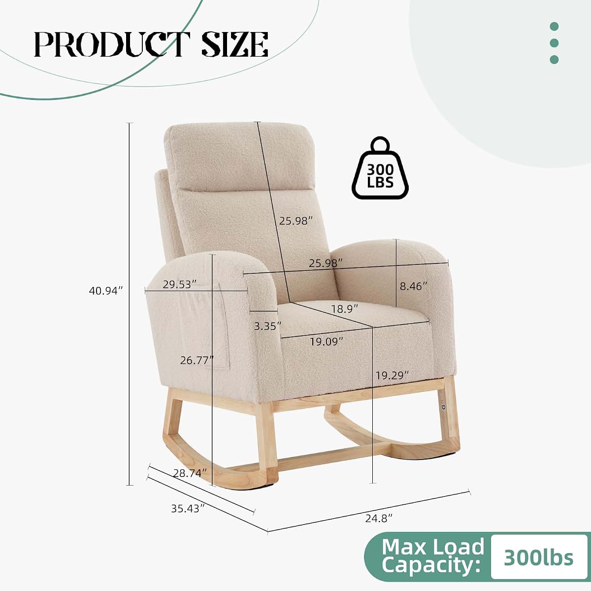 IDEALHOUSE Nursery Rocking Chair, Upholstered Glider Rocker with High Back and Side Pocket, Light Gray