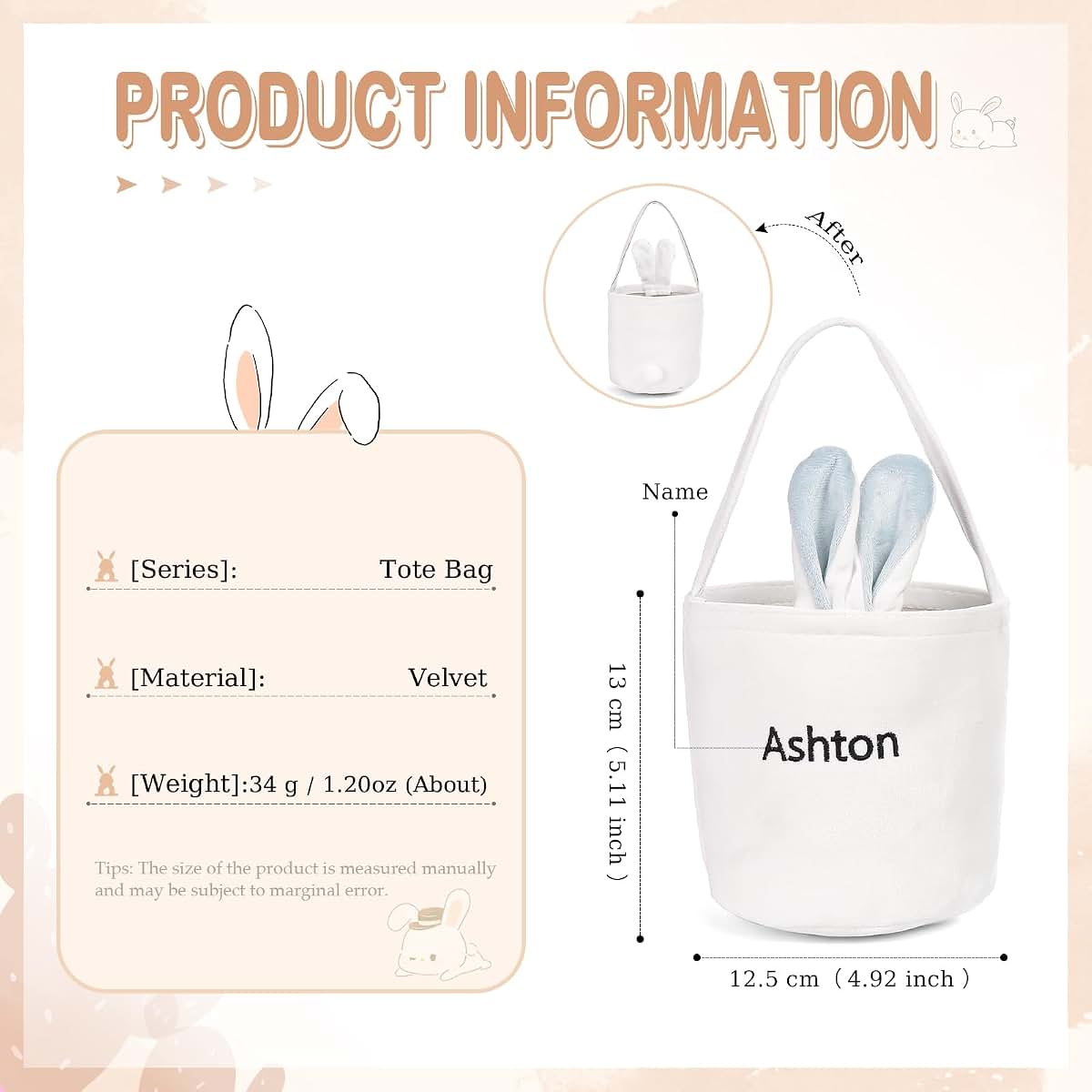 Dreamgem Personalized Bunny Ears Bucket Bag with Custom Name Photo-Easter Bag with Handle-Soft Egg Basket for Kids (photo 2)