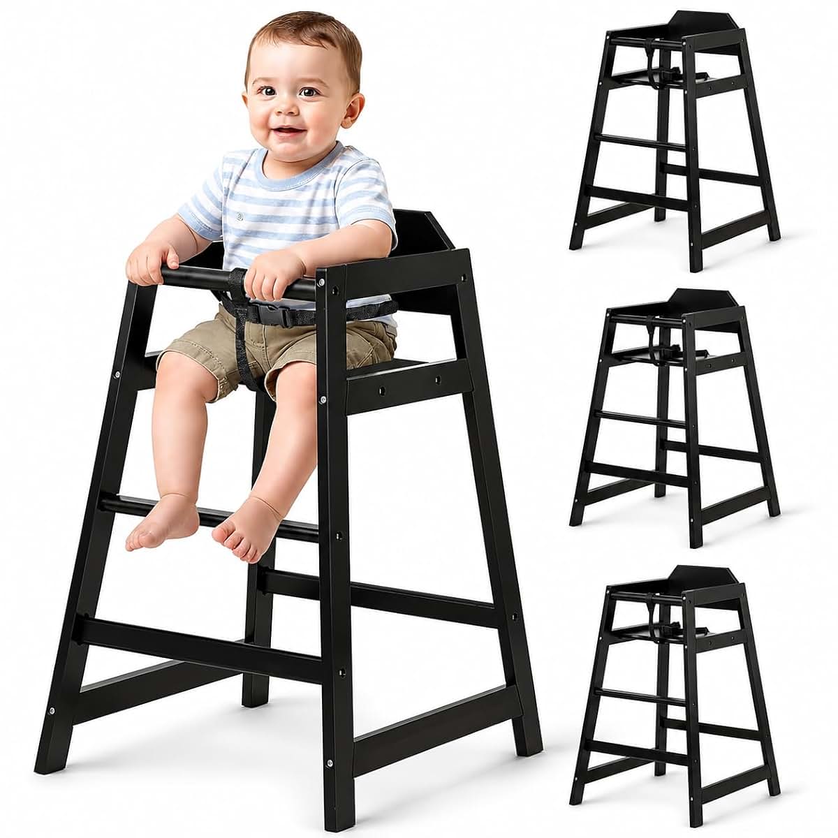 Neoflavie 4 Pack Wooden High Chairs for Baby & Toddlers, Black, Stackable Design