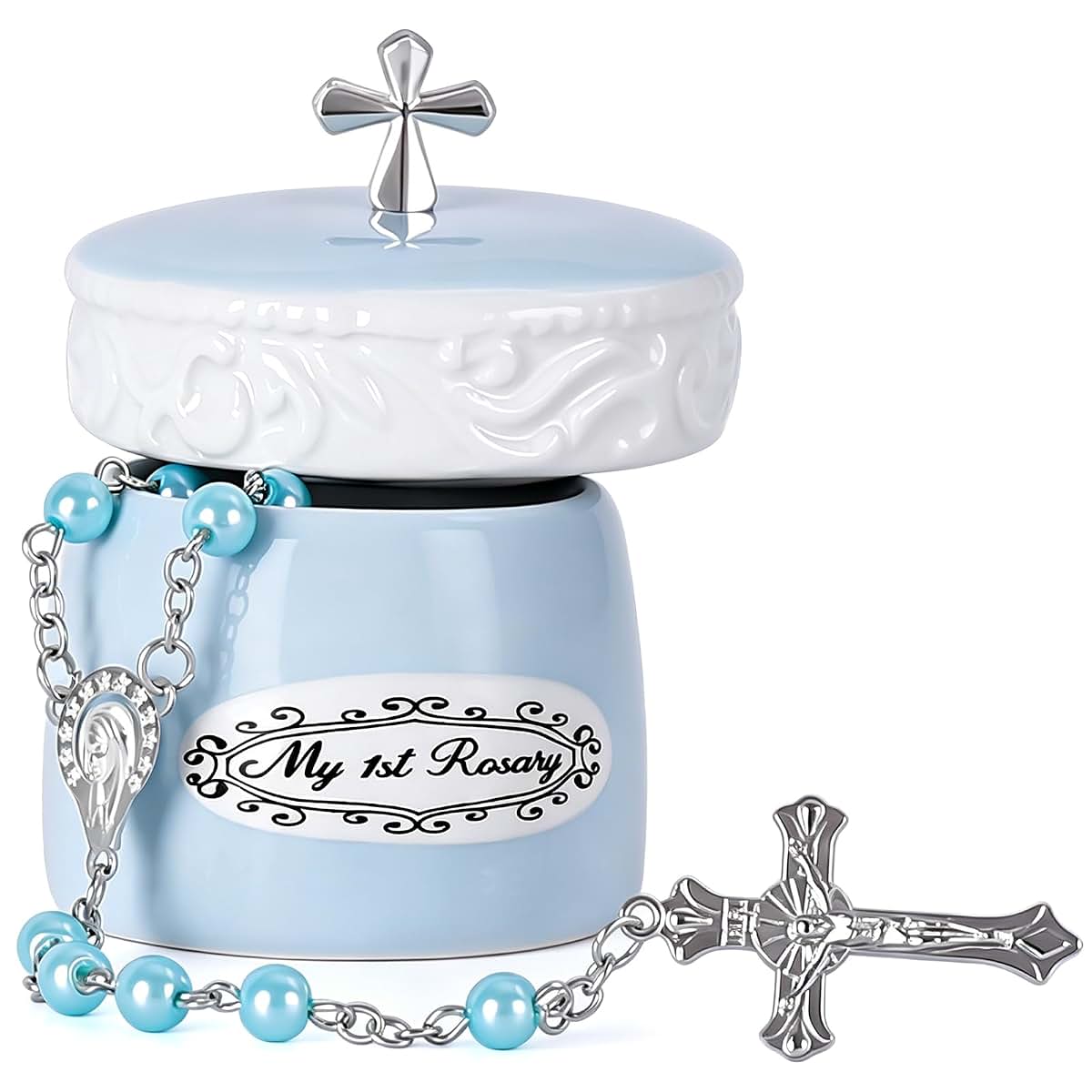 Grandeco My First Rosary Cross Keepsake Box And Rosary Set, Blue