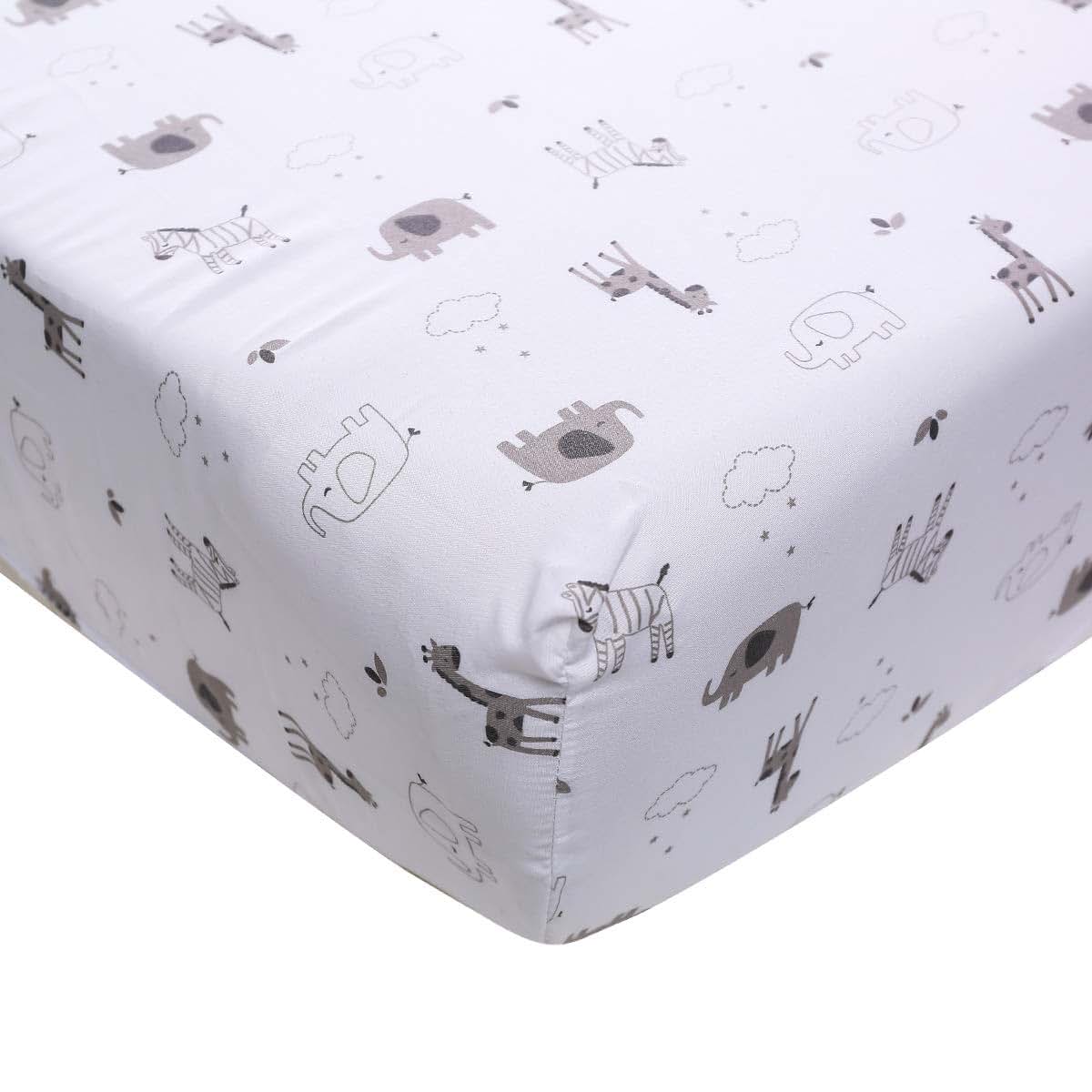CribMATE White Crib Fitted Sheet Animal Safari Baby Crib Fitted Sheet 1 PC White Grey (Gray Zebra Elephant Giraffe