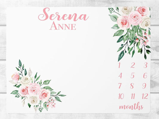 UnoCo Pink Floral Milestone Blanket, Baby Month Blanket, Baby Girl Milestone Blanket Track Growth Keepsake Personalized