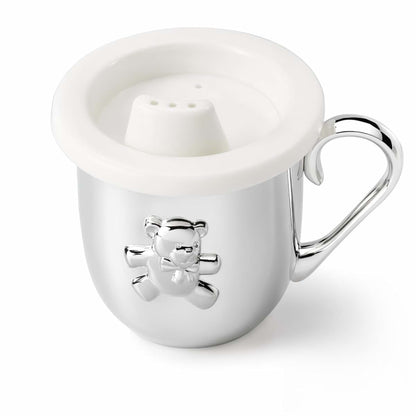 Creative Gifts International Baby's First Sippy Cup with a Teddy Bear Emblem | Silverplated 5 Oz | Handle & Sippy Lid