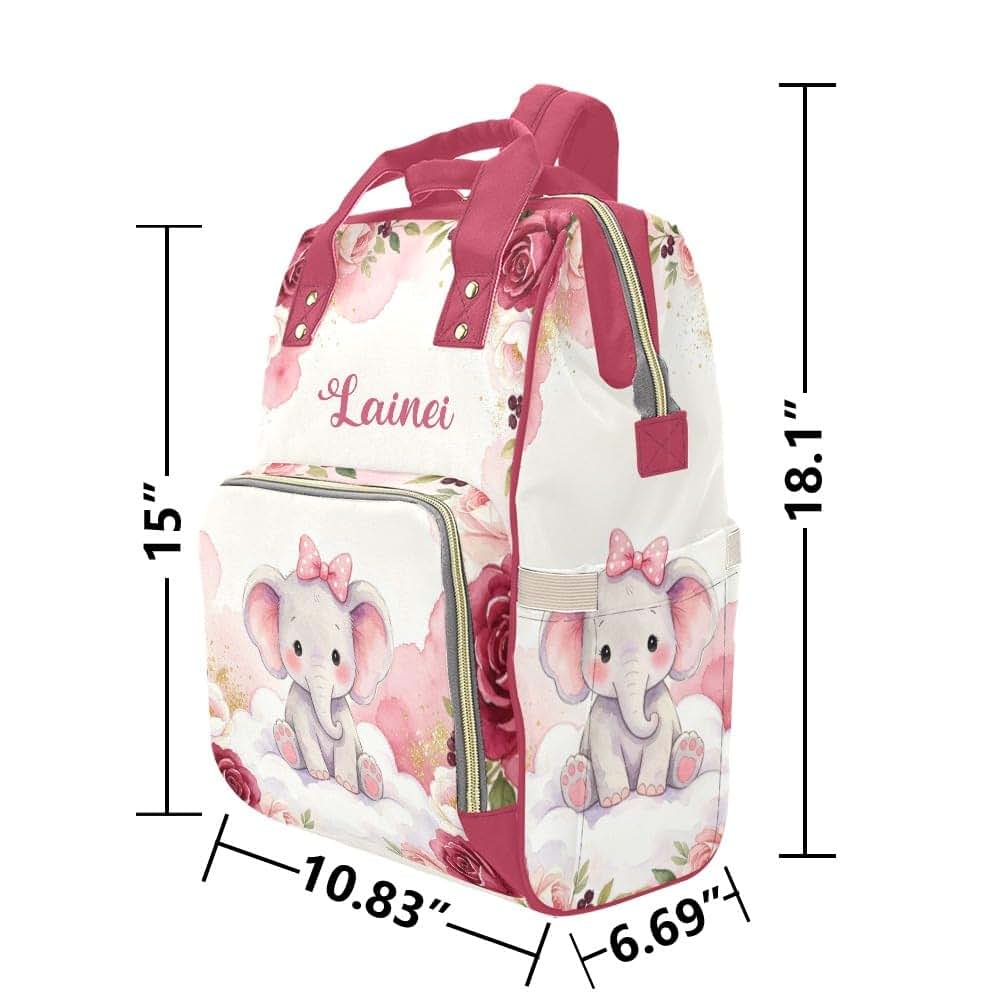 NZOOHY Pink Floral Elephant Personalized Diaper Bag Backpack Custom Name Large Capacity Diaper Backpack Travel Daypack (photo 3)