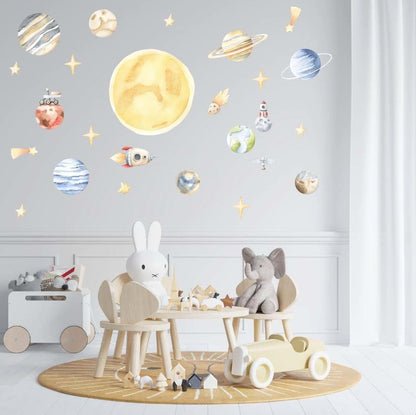 BabyOneStop Space Wall Decal for Kids Room, Solar System Planets Rocket Vinyl Mural, Large