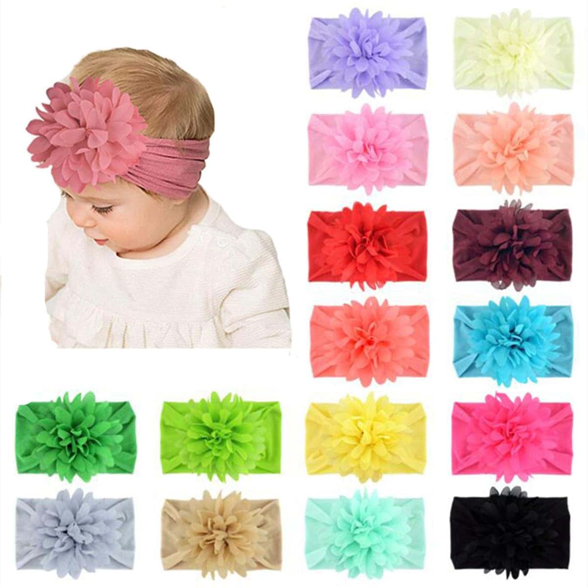 Snadulor 12 Pcs Baby Girl Headbands With Flowers, Chiffon Nylon, Random Color