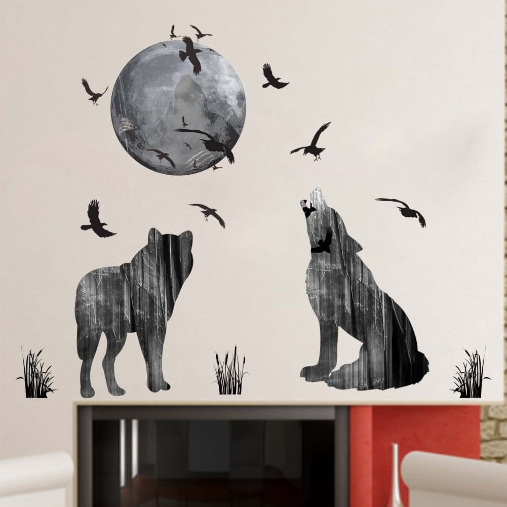 Woodland Arts Moon Wolves Mountain Forests Silhouette Wall Decals For Nursery