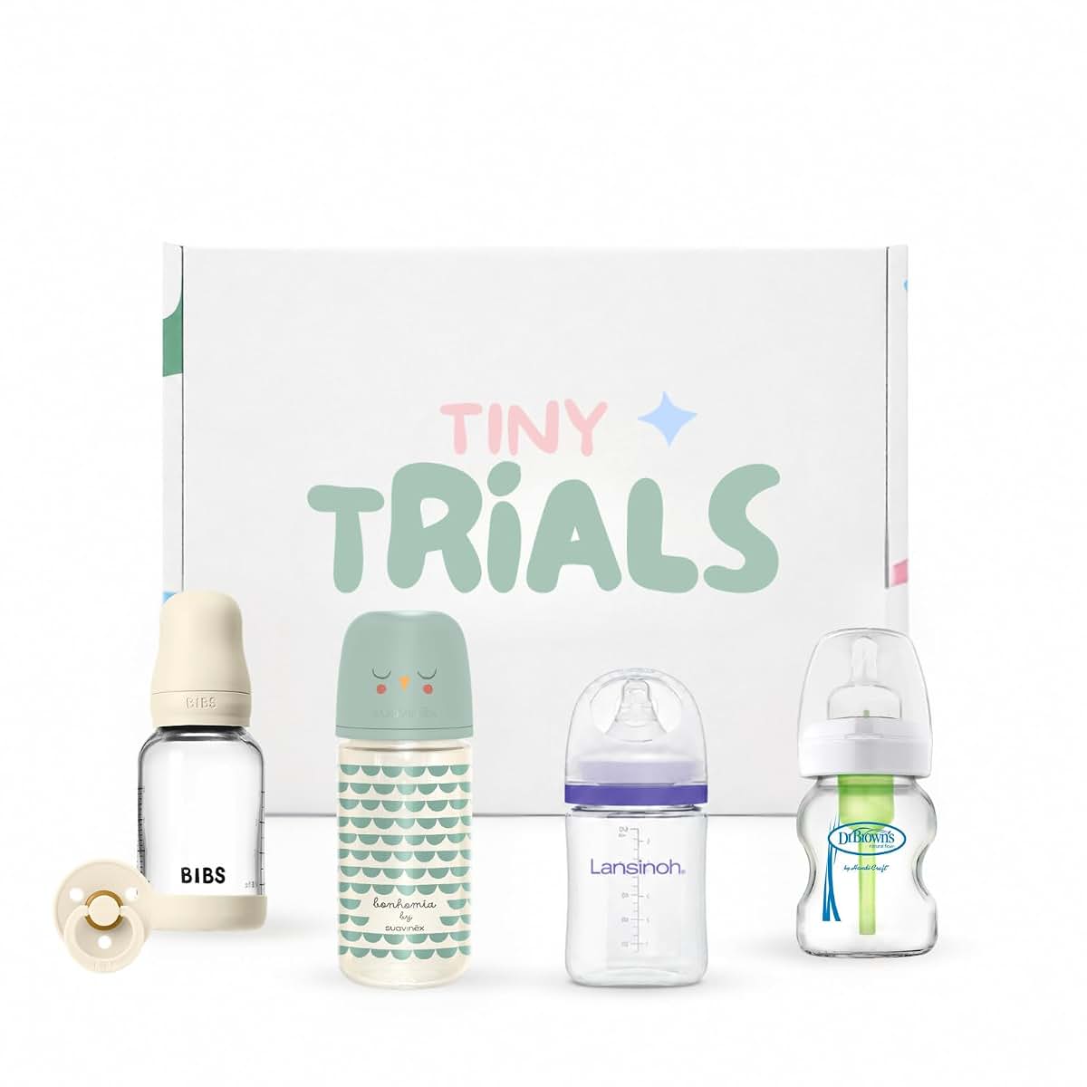 Tiny Trials Glass Baby Bottle Variety Pack With Bonus BIBS Pacifier