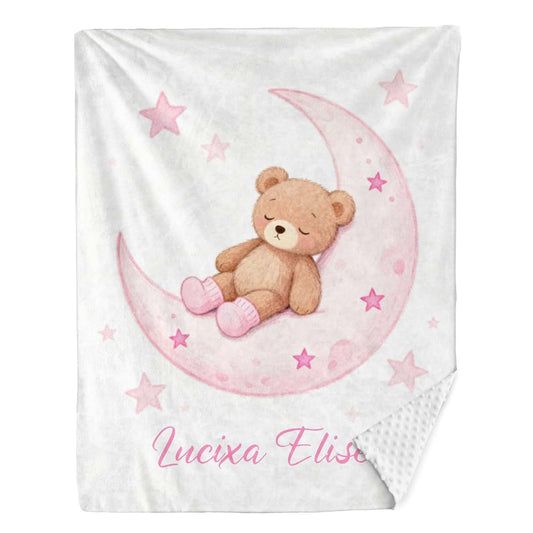 NZOOHY Teddy Bear Pink Moon Personalized Baby Blanket for Boys Girls,Custom Soft Minky Blanket Layer Dotted Newborn