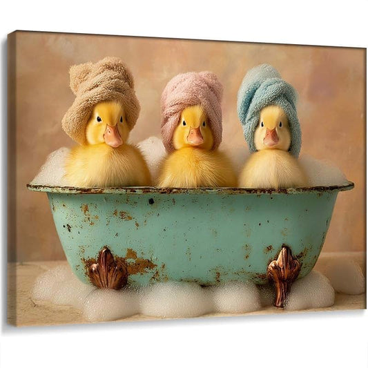 EverLasting Strokes Cute Bathing Ducklings Canvas Wall Art Baby Ducks with Towels in Retro Tub Oil Painting Style for