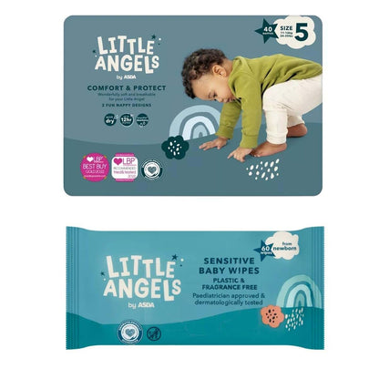 Asda Little Angels Size 5 Nappies 40 Pack With 60 Fragrance Free Baby Wipes