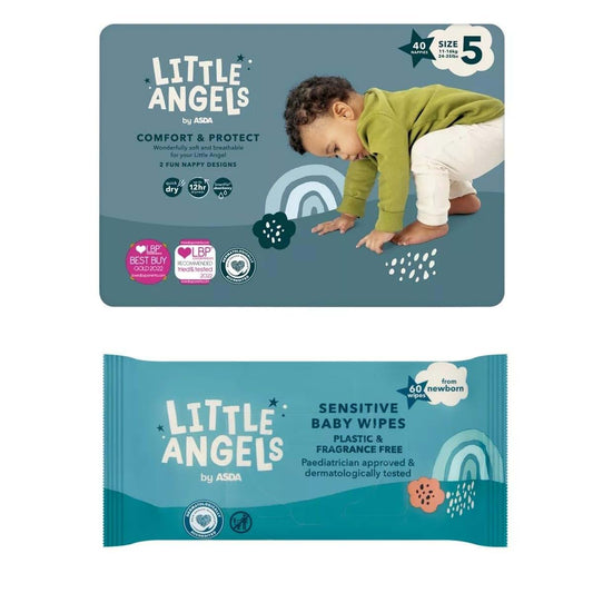 Asda Little Angels Size 5 Nappies 40 Pack With 60 Fragrance Free Baby Wipes
