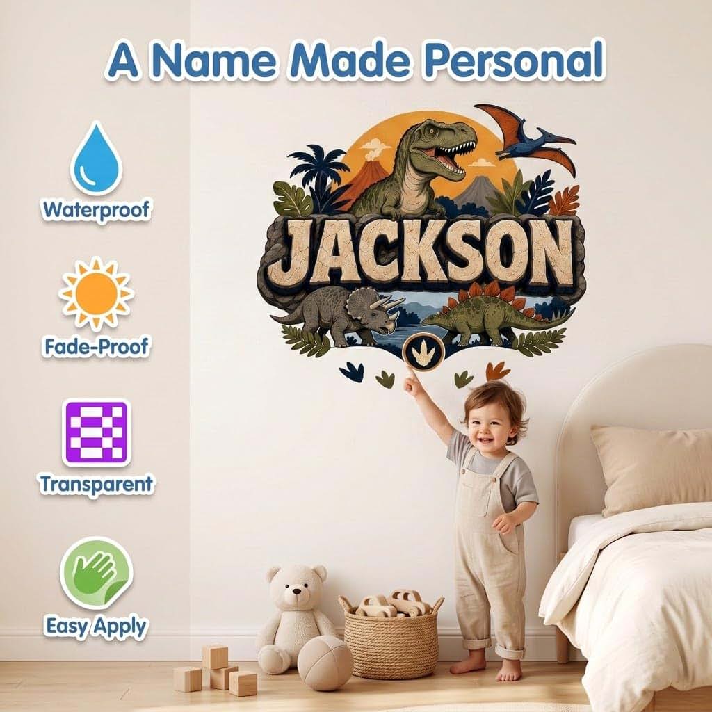 KemonoKing T Rex Stegosaurus Triceratops Vinyl Mural Name Art for Bedroom, Personalized Dinosaur Wall Decor with Custom