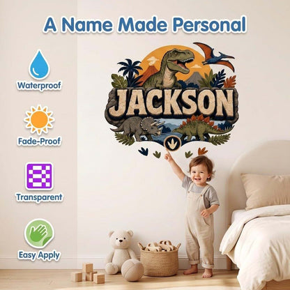 KemonoKing T Rex Stegosaurus Triceratops Vinyl Mural Name Art for Bedroom, Personalized Dinosaur Wall Decor with Custom