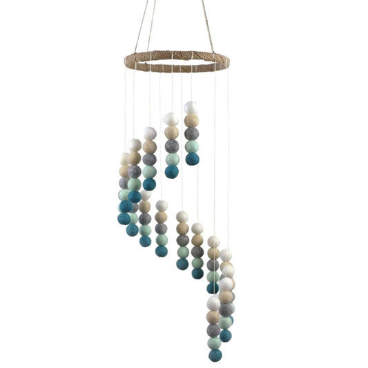 Matthew + Mae Felt Ball Spiral Nursery Ceiling Mobile - Teal/Almond/Gray