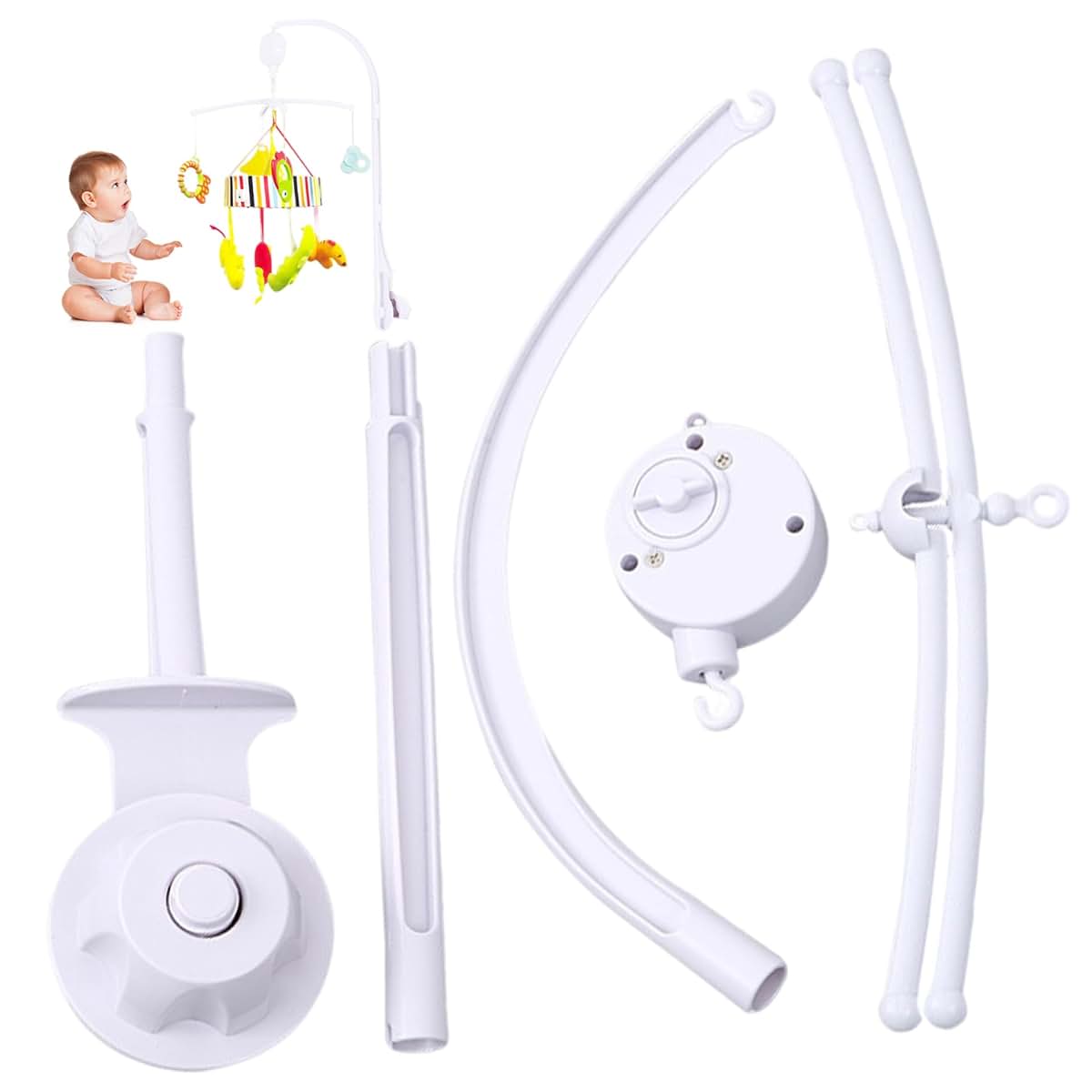 Blablablalu Crib Mobile Holder with 360° Rotating Music Box, Detachable Clip-On Arm, White Plastic