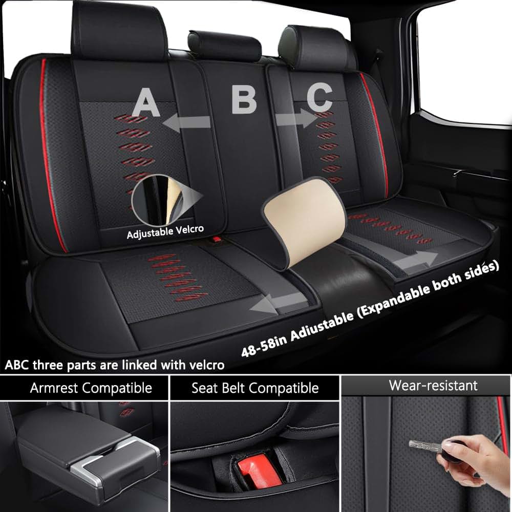 QUFEI Full Set Seat Covers for Honda Ridgeline 2006-2025, Waterproof Nappa Leather, Black Red