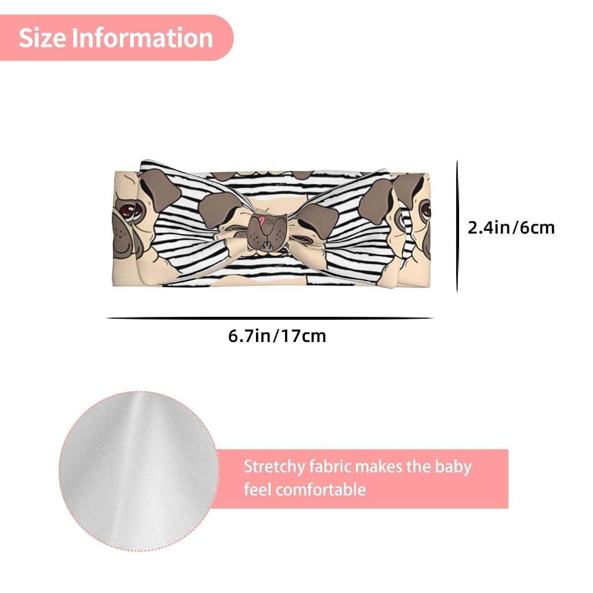JaoXer Funny Happy Pug Dog Baby Bow Headband – Soft Bow Hair Accessories for Baby, Newborn, Infants, Toddlers and Kids (photo 3)