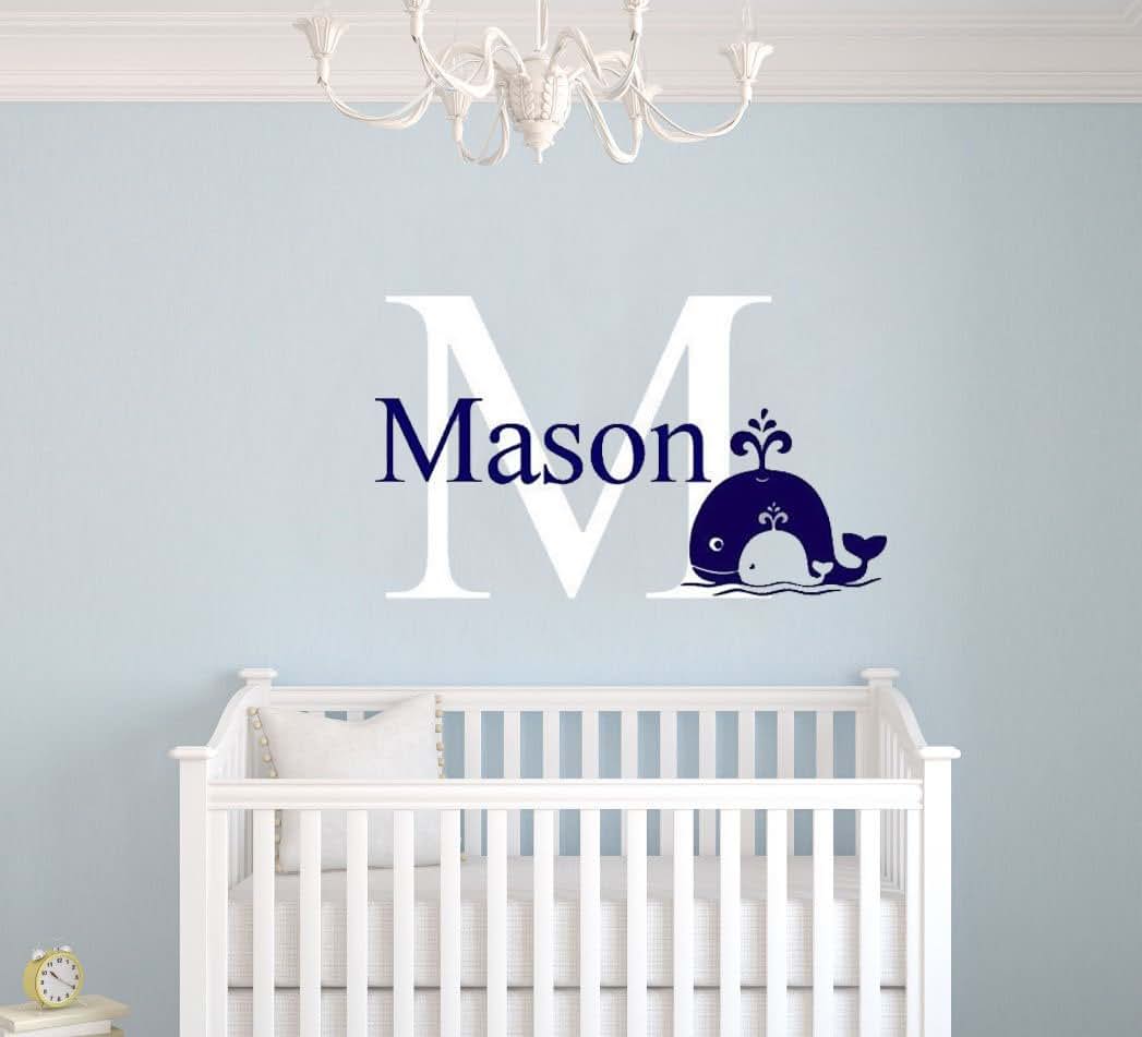 CRYPTONITE Personalized Boy Room Whale Name Color Wall Decal Art Decor Room Boys (Wide 15" x 22" Height)