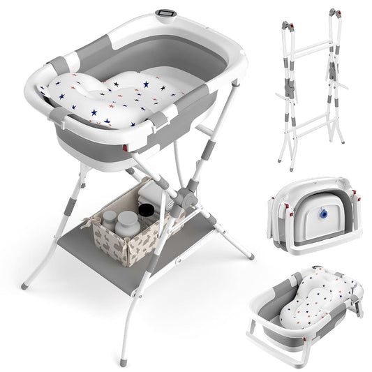 BALLA BALEIN Baby Bathtub with Stand, 2-in-1 Collapsible Bath Tubs for Newborn to Toddler, Infant Bathtub with Folding