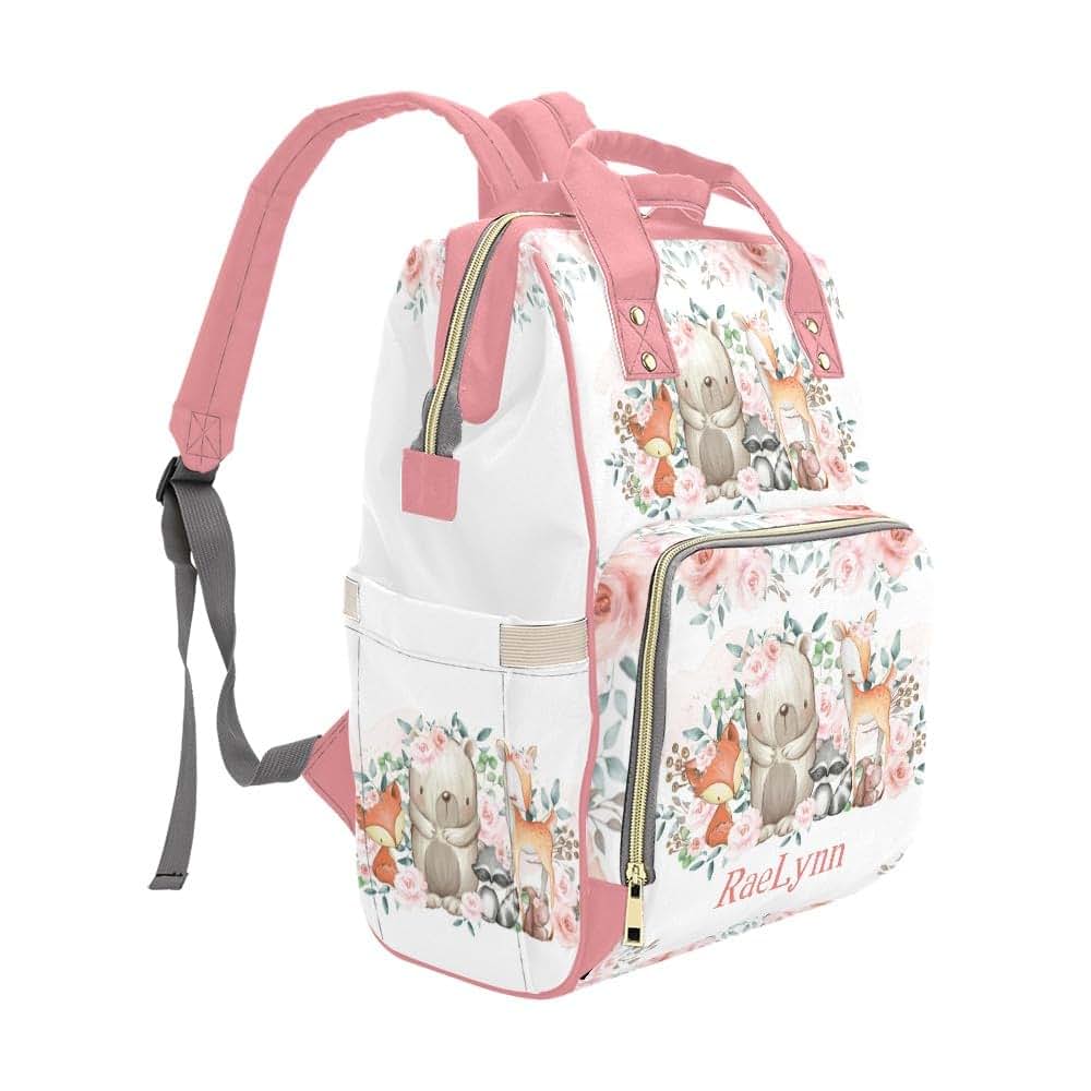 YallLocoMo Personalized Diaper Bag Backpack Name Pink Rose Woodland Animals Girl Multifunction Travel Backpack Nappy (photo 3)