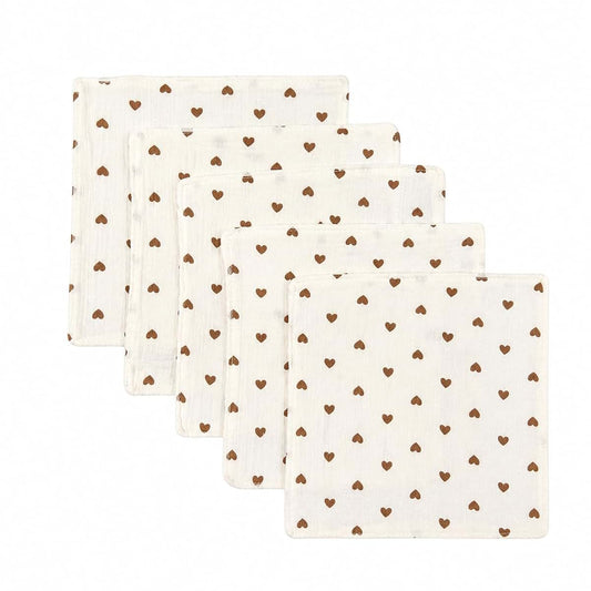 CRELOVEN 5-Pack 100% Cotton Muslin Baby Washcloths 10"X10", Heart