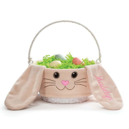 Personalized Planet Personalized Easter Egg Basket with Handle and Custom Name in Pink Script | Floppy Ear Bunny Easter