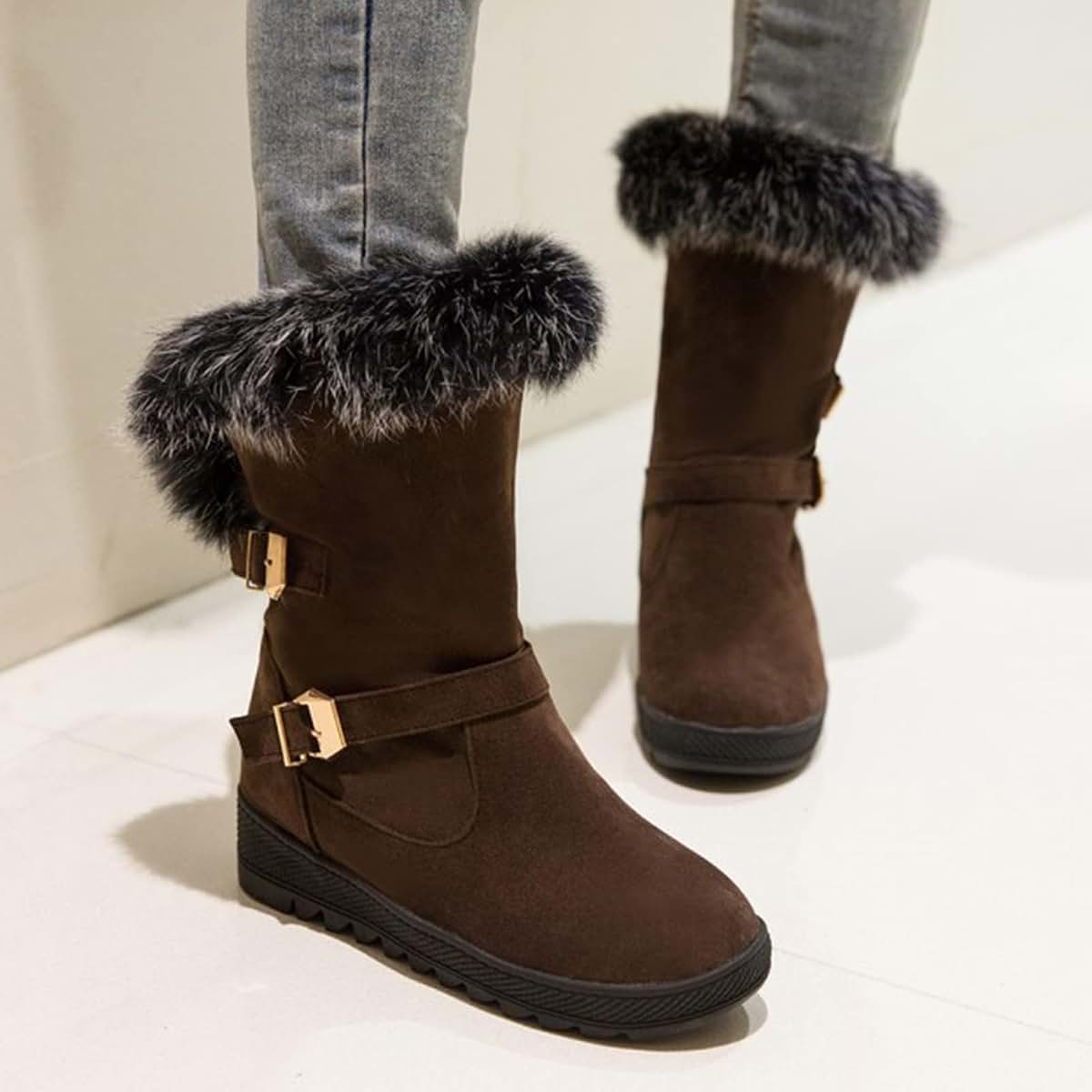 ZBYY Women's Winter Fur Snow Boots Mid Wide Calf Buckle Platform Slip On Warm Snow Boot Mid-Calf Fashion Booties