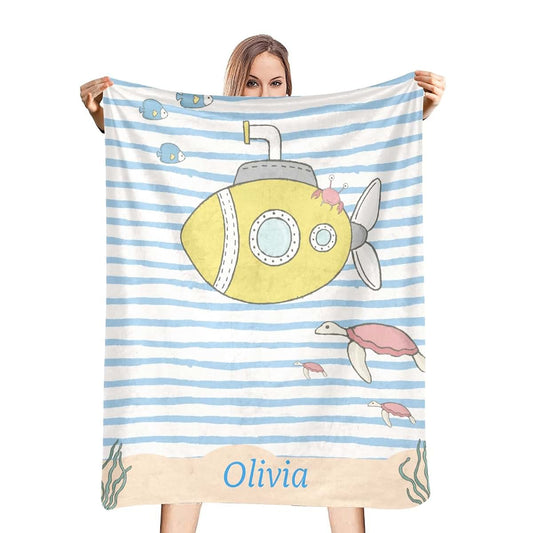 NZOOHY Blue Nautilus Submarine Personalized Baby Blanket for Girl Boy Soft Warm Newborn Throw Naps Swaddle Custom