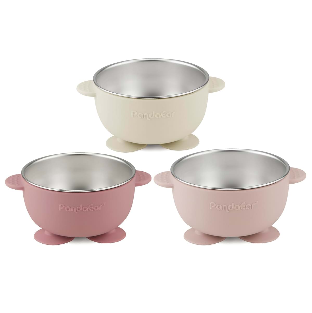 PandaEar 3 Pack Stainless Steel Suction Baby Bowls & 3 Silicone Feeding Spoons, Pink White