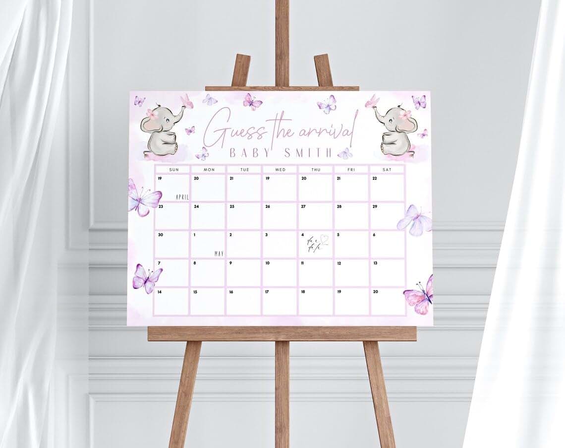 SpecialGift Butterfly Elephant Baby Shower Guess The Due Date Sign