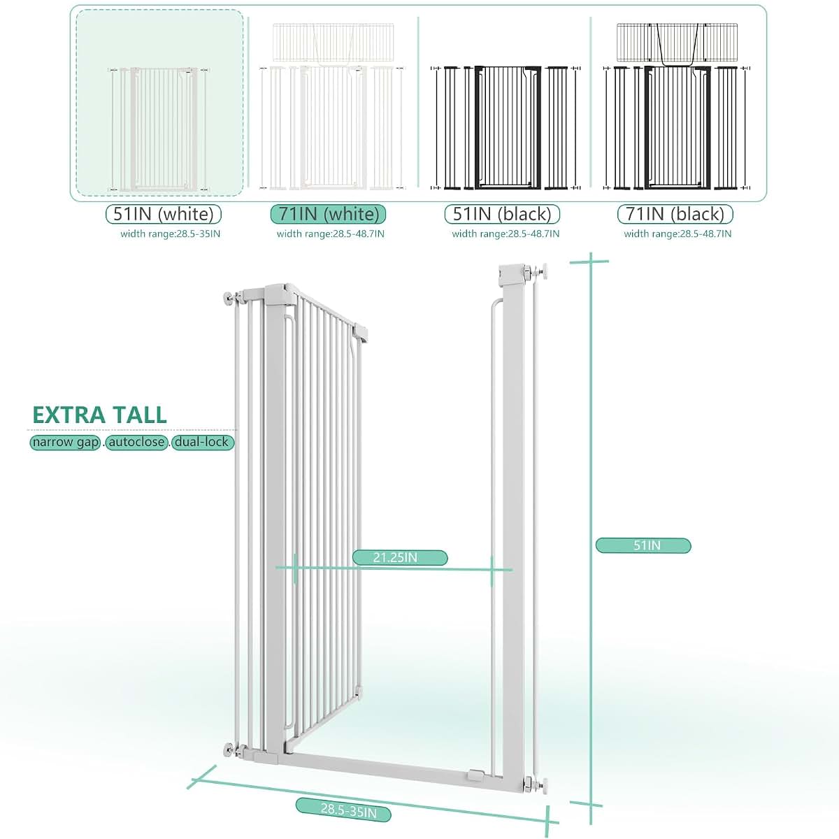 51" Extra Tall Cat Gate, Auto Close, 28.5"-35" Wide, White