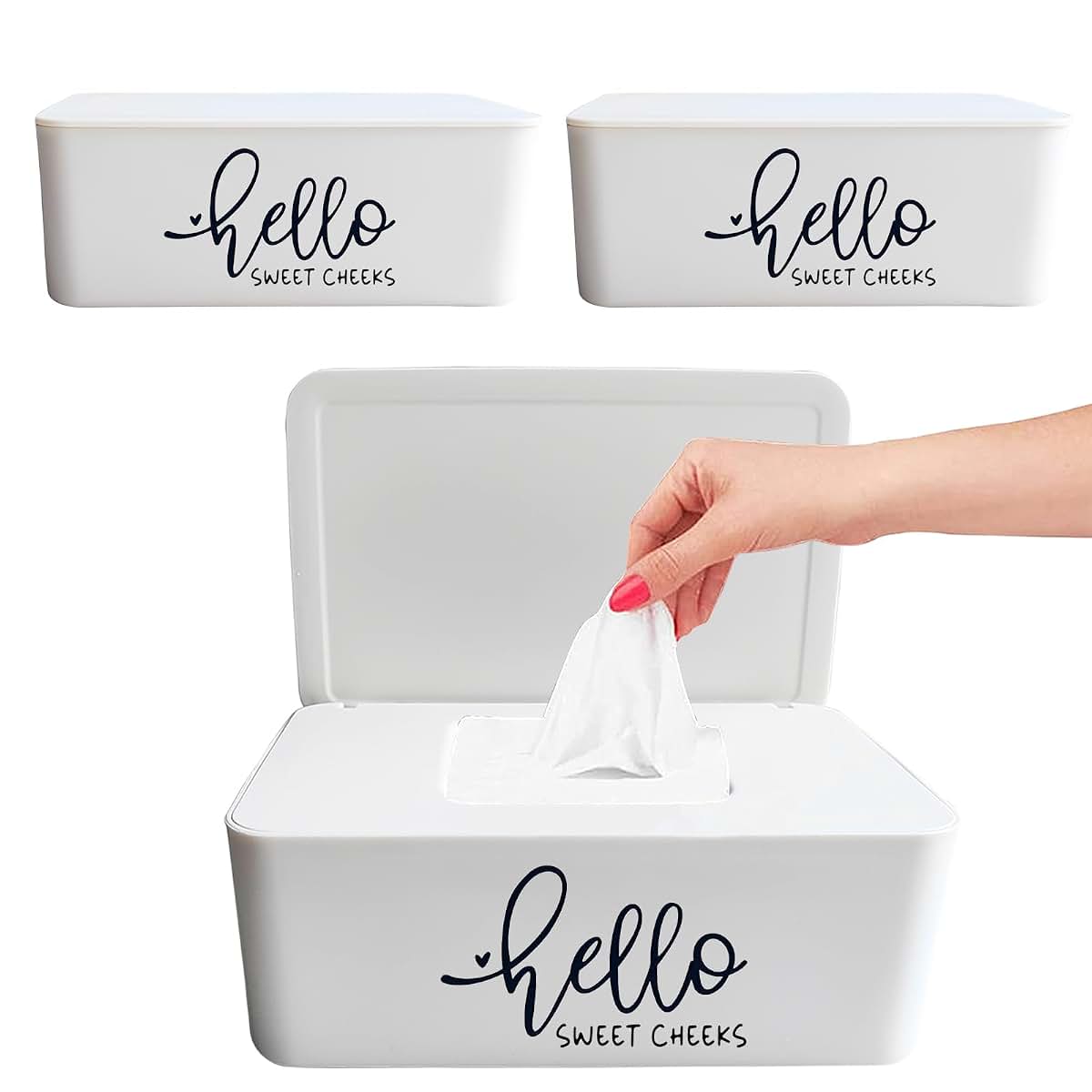 Moorfowl 3-Pack Hello Sweet Cheeks Flushable Wipes Holder Container, White Polypropylene