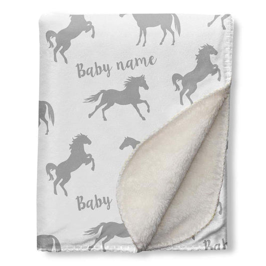 NICTIMEID Custom Baby Blanket with Name Print Horse Pattern, Personalized Newborn Gifts for Boys Girls, Soft Sherpa