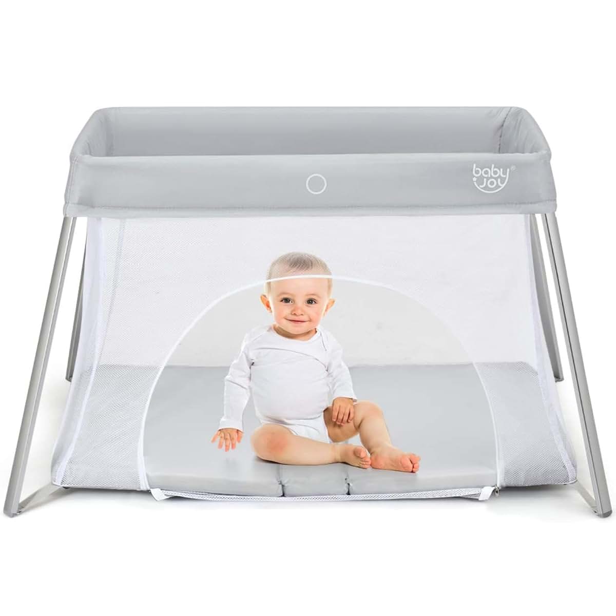 Baby Joy 2-in-1 Travel Crib with Side Zipper, Portable Playard with Washable Mattress