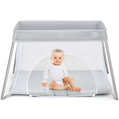 Baby Joy 2-in-1 Travel Crib with Side Zipper, Portable Playard with Washable Mattress