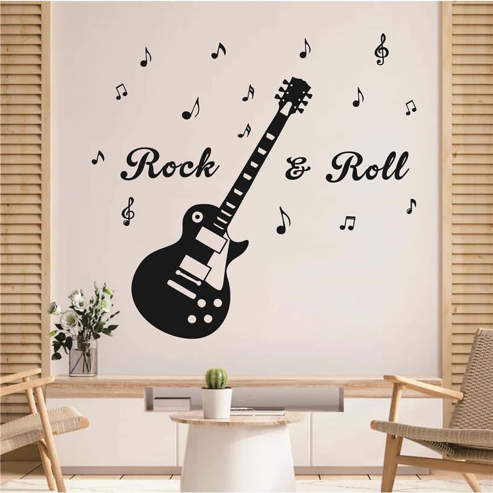 UILMNIY Music Guitar Rock and Roll Wall Decal for Kids Room and Bedroom, Vinyl Removable Black 110x119cm