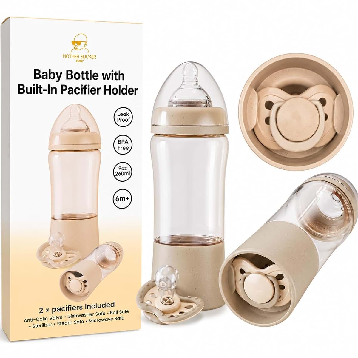 Mother Sucker Baby Baby Bottle with Pacifier Storage Base, 8 oz, 3M+ Medium Flow