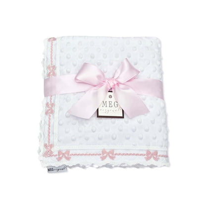 MEG ORIGINAL Baby Girl Blanket & Bonnet Gift Set- Heirloom Collection - White with Pink Bows, Super Soft Minky
