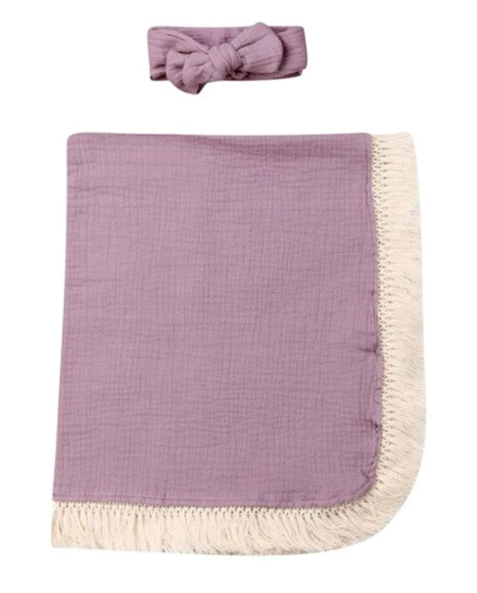 Stylesilove Newborn Baby Girl Cotton Muslin Swaddle Blanket with Tassel Design and Matching Headband, Lilac