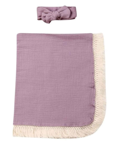 Stylesilove Newborn Baby Girl Cotton Muslin Swaddle Blanket with Tassel Design and Matching Headband, Lilac