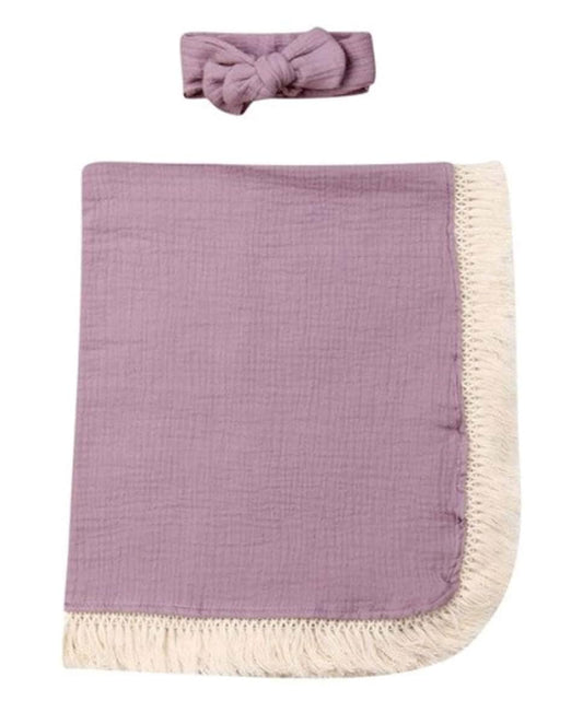 Stylesilove Newborn Baby Girl Cotton Muslin Swaddle Blanket with Tassel Design and Matching Headband, Lilac