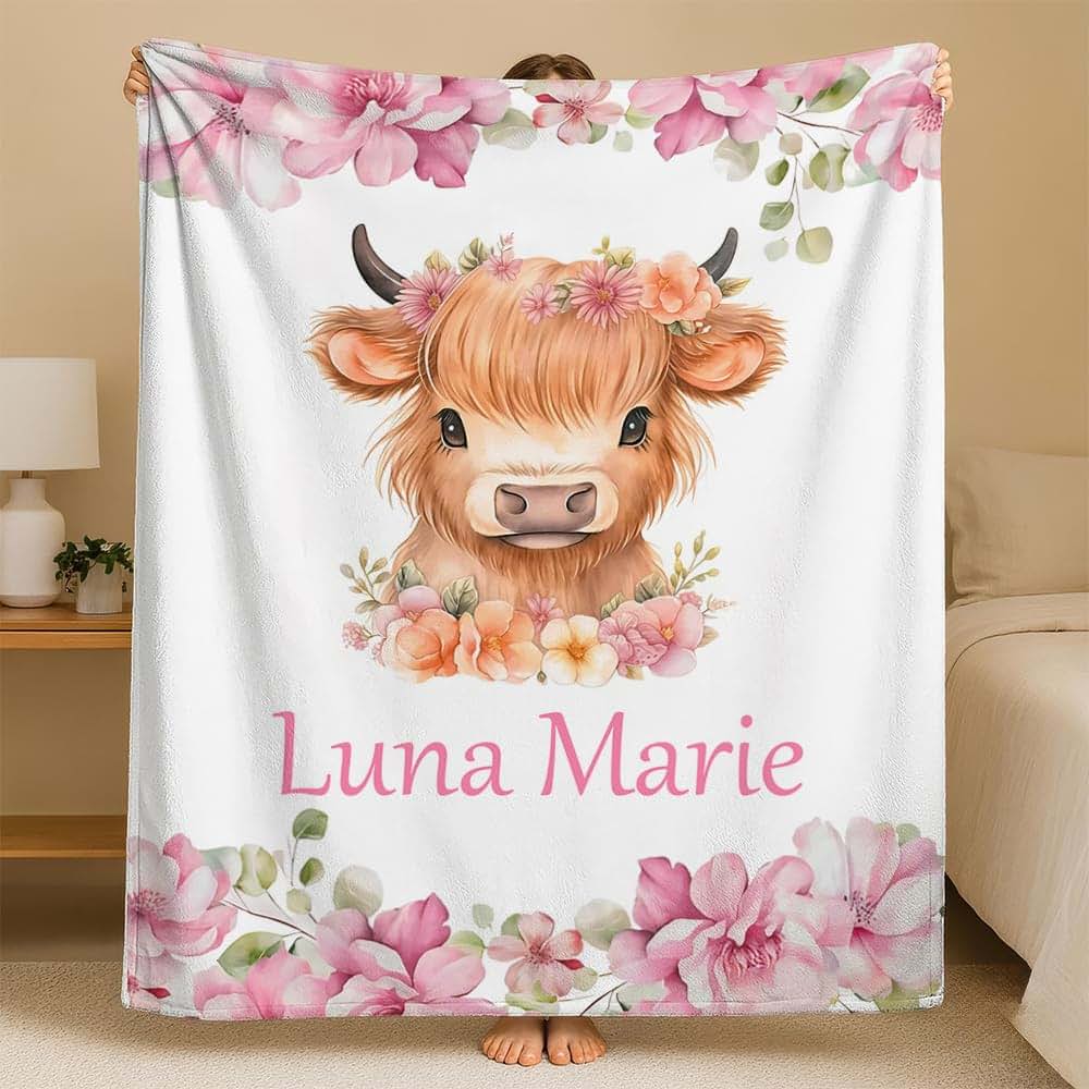 L&NG Personalized Baby Blanket for Boys, Highland Cow Floral Farm Custom Baby Girl Personalized Name Blankets, Blanket