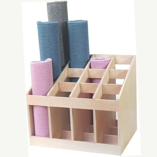 Taifuan Montessori Carpet Stand - 12 Grids Children's Work Carpet Shelf for Sensory Play and Storage, Wood Yoga Mat