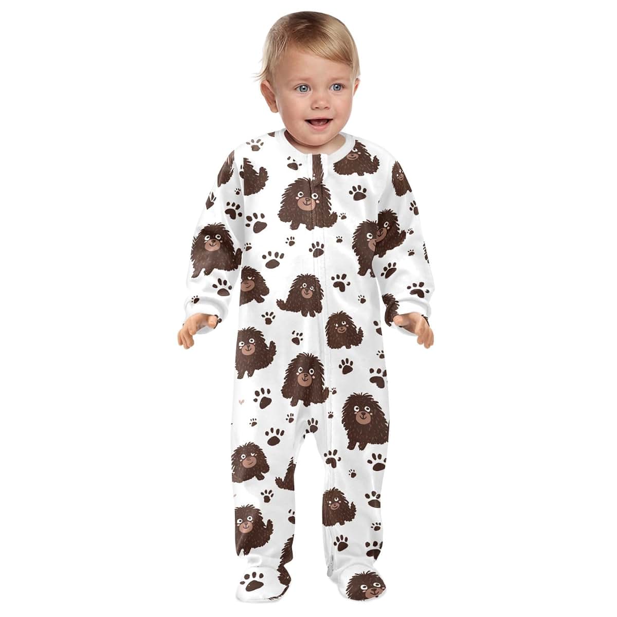 BabyOneStop Brown Poodle Print Cotton Footie Pajamas With Zip Front