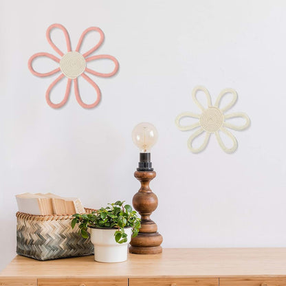 Gerrii Boho Daisy Flower Woven Macrame Wall Hanging, 2 Pcs Pink and White Nursery Decor