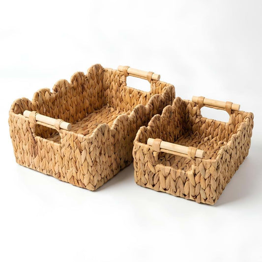 Solaia Home Scalloped Water Hyacinth Basket - Set of 2 Rectangular Wicker Storage for Bathroom Organizer, Nursery &