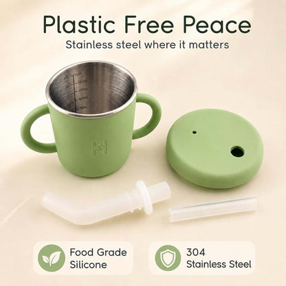 Haomomo Stainless Steel Straw Cup for Toddlers, 6oz - Spill Proof with Clear Bendy Straw and Handles