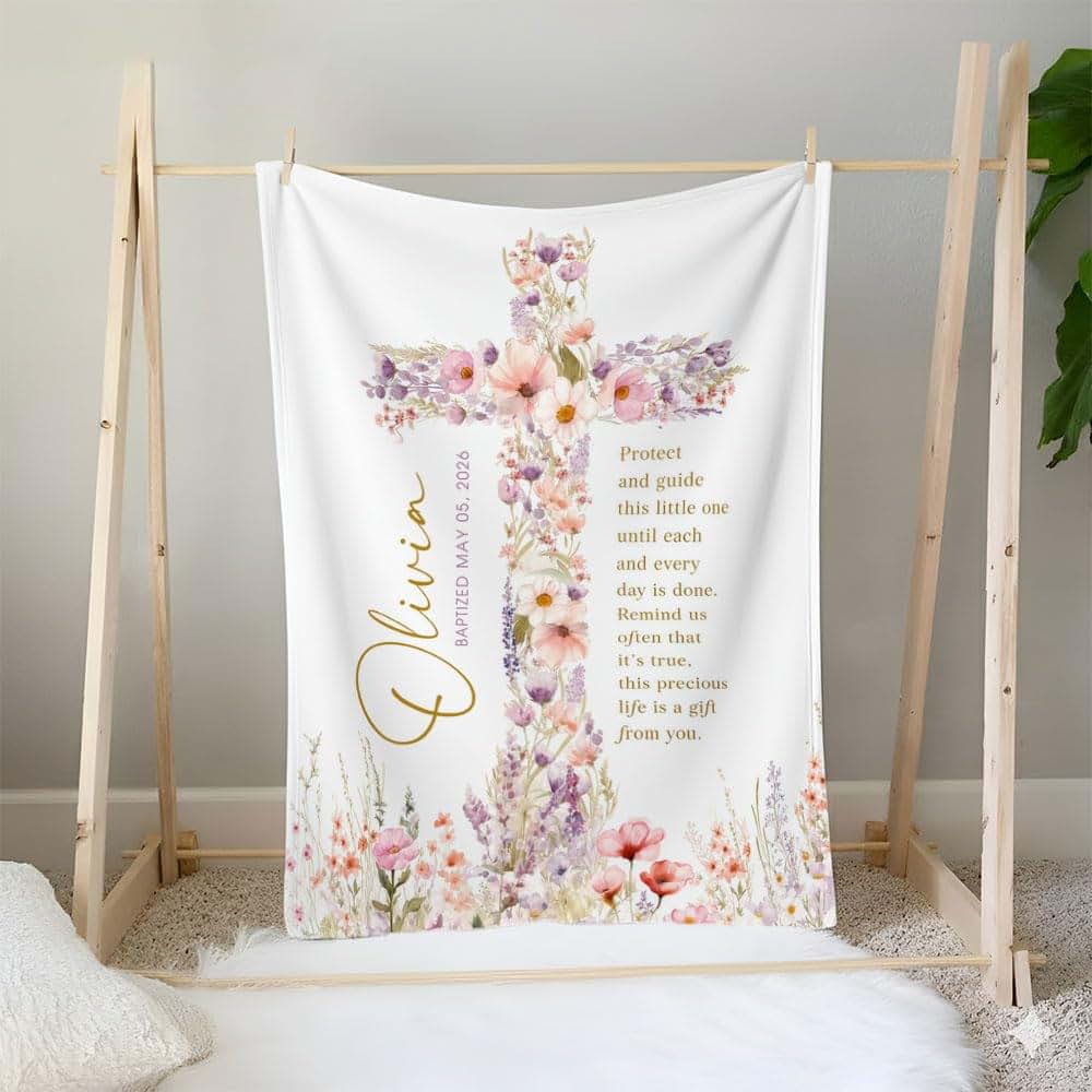 ZEBRA88 Personalized Baptism Blanket for Girl, Custom Floral Cross Christian Blanket, Catholic Christening Throw (photo 4)