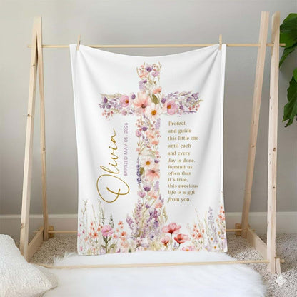 ZEBRA88 Personalized Baptism Blanket for Girl, Custom Floral Cross Christian Blanket, Catholic Christening Throw (photo 4)